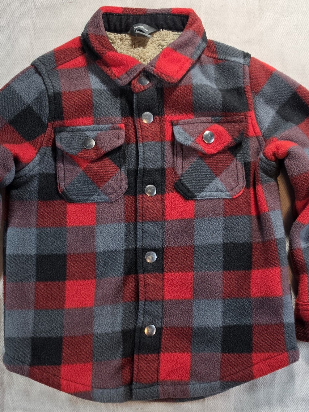 Eddie Bauer Kids Red & Gray Plaid Sherpa-Lined Fleece Shirt Jacket